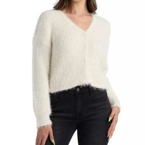 BCX Fuzzy Knit Cardigan Sweater XL Ivory Cream Gold Fleck Soft Cozy Cropped